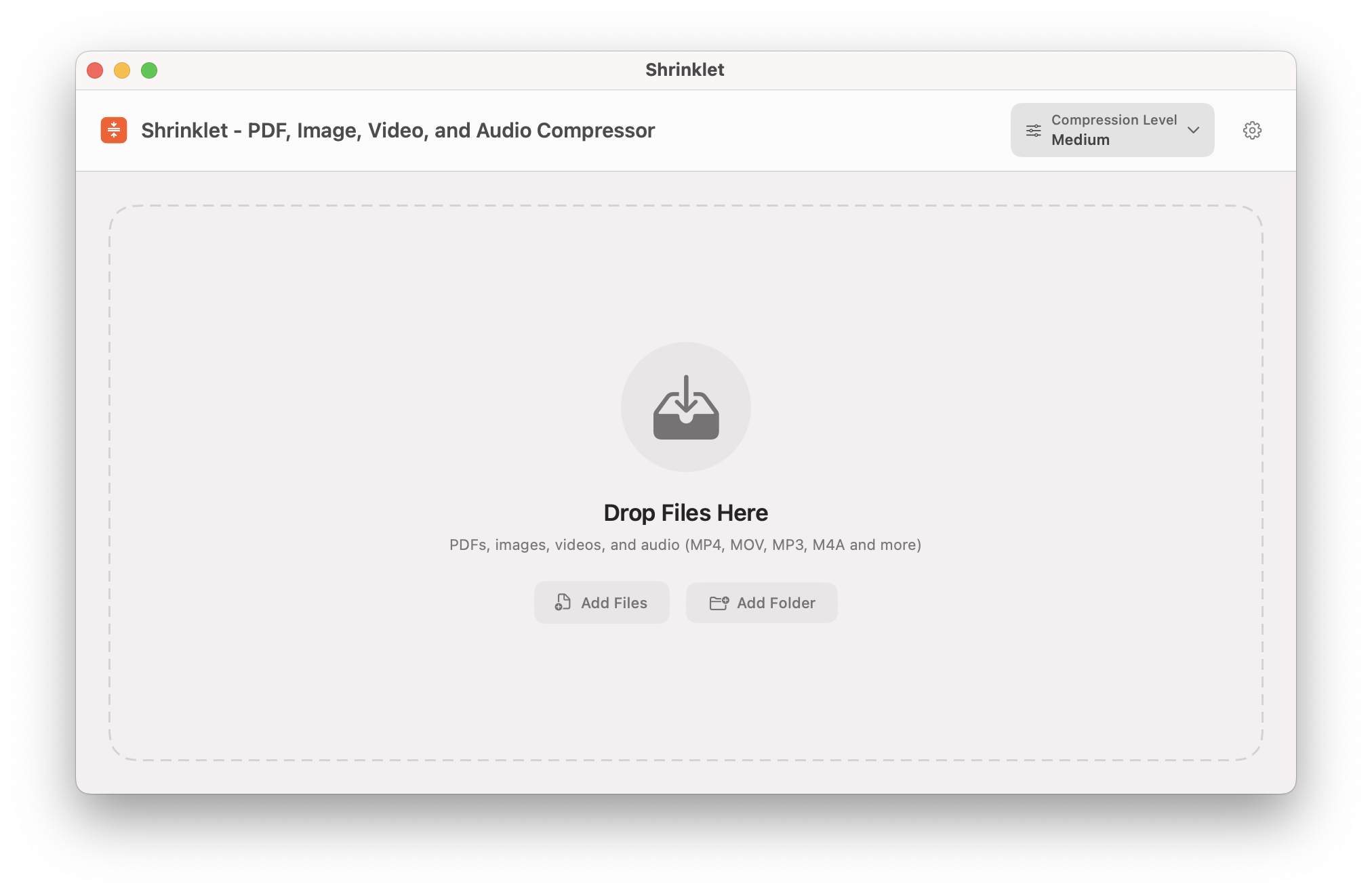 Shrinklet empty drop zone for adding PDFs, images, videos, and audio