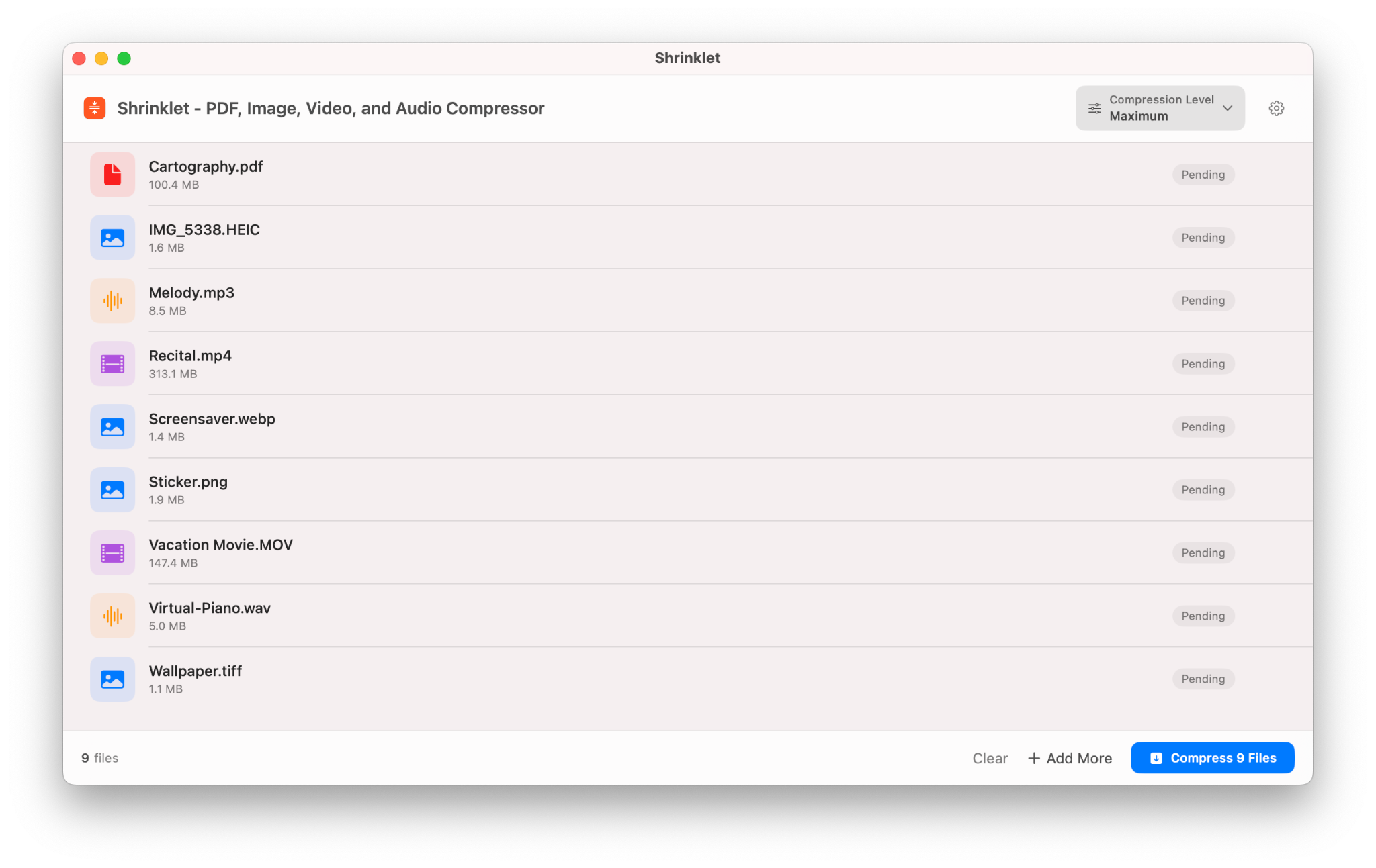 Shrinklet batch queue with PDF image video and audio files pending