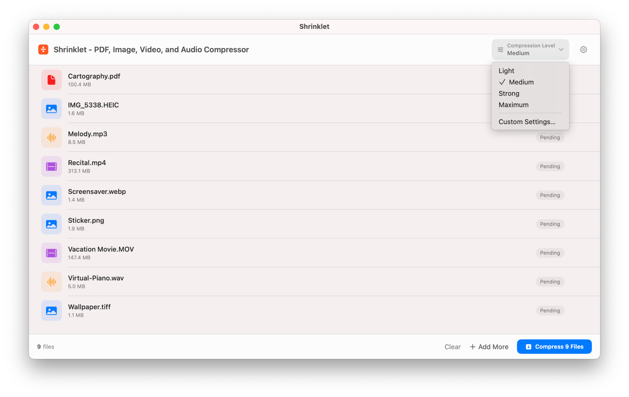 Shrinklet compression level dropdown with Light Medium Strong Maximum and Custom Settings
