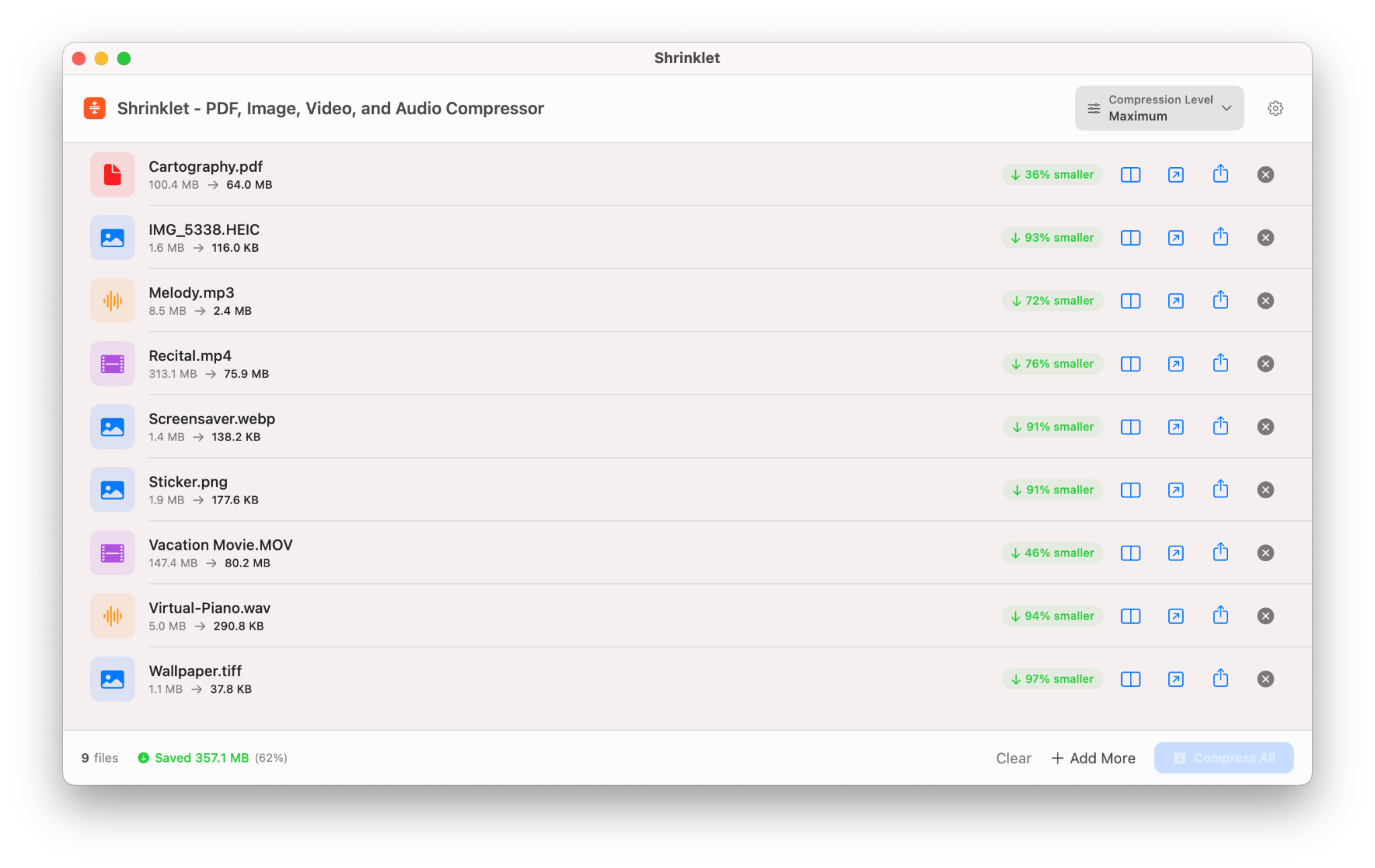 Shrinklet batch compression completed showing seven compressed files and total saved space