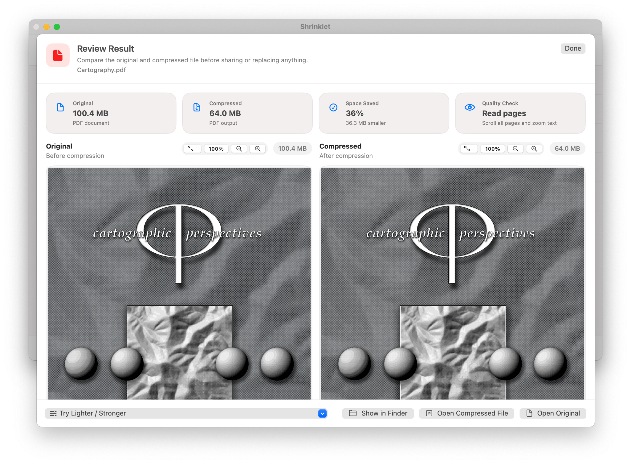 Shrinklet PDF review result comparing original and compressed document