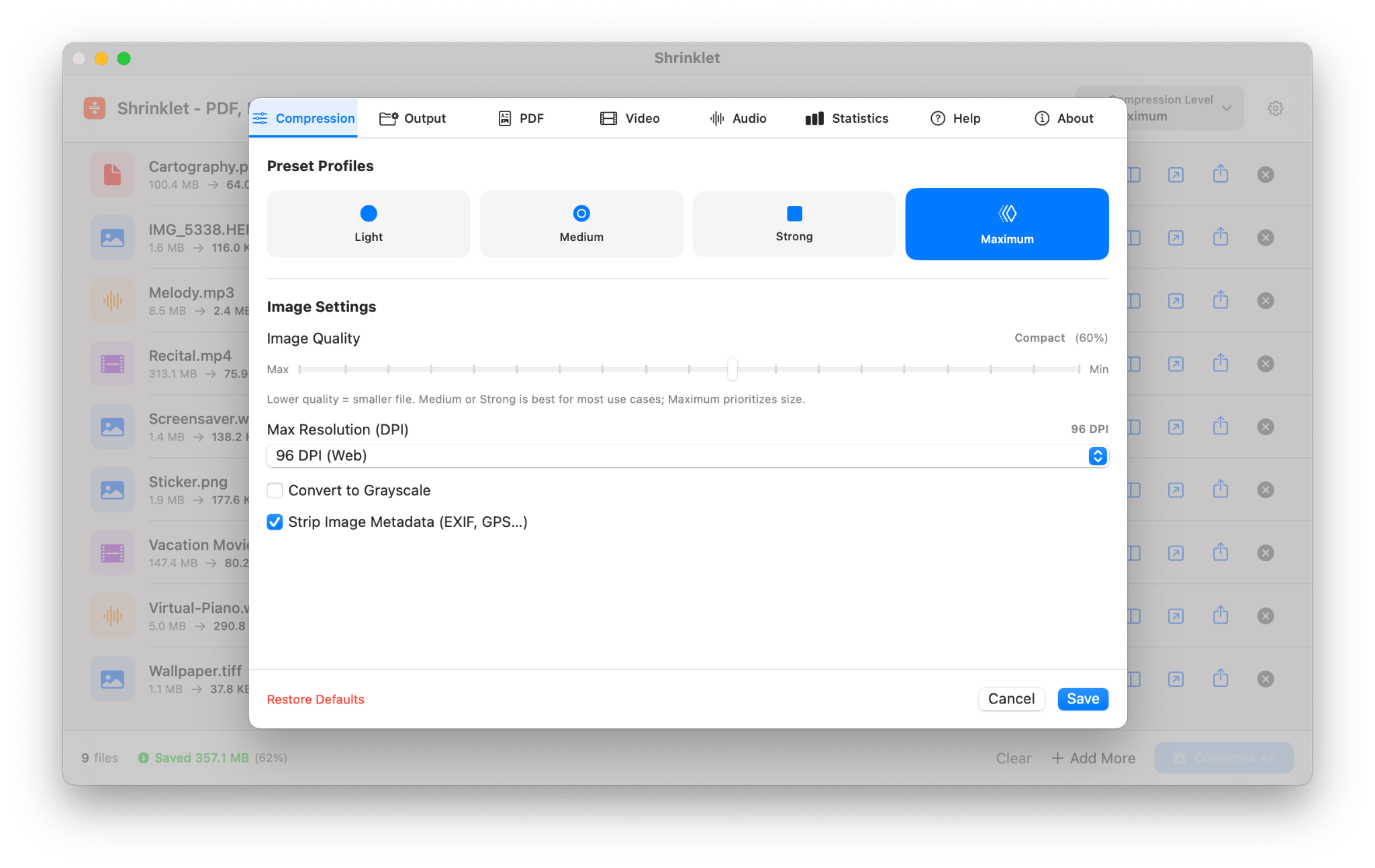 Shrinklet compression settings with preset profiles and image quality controls
