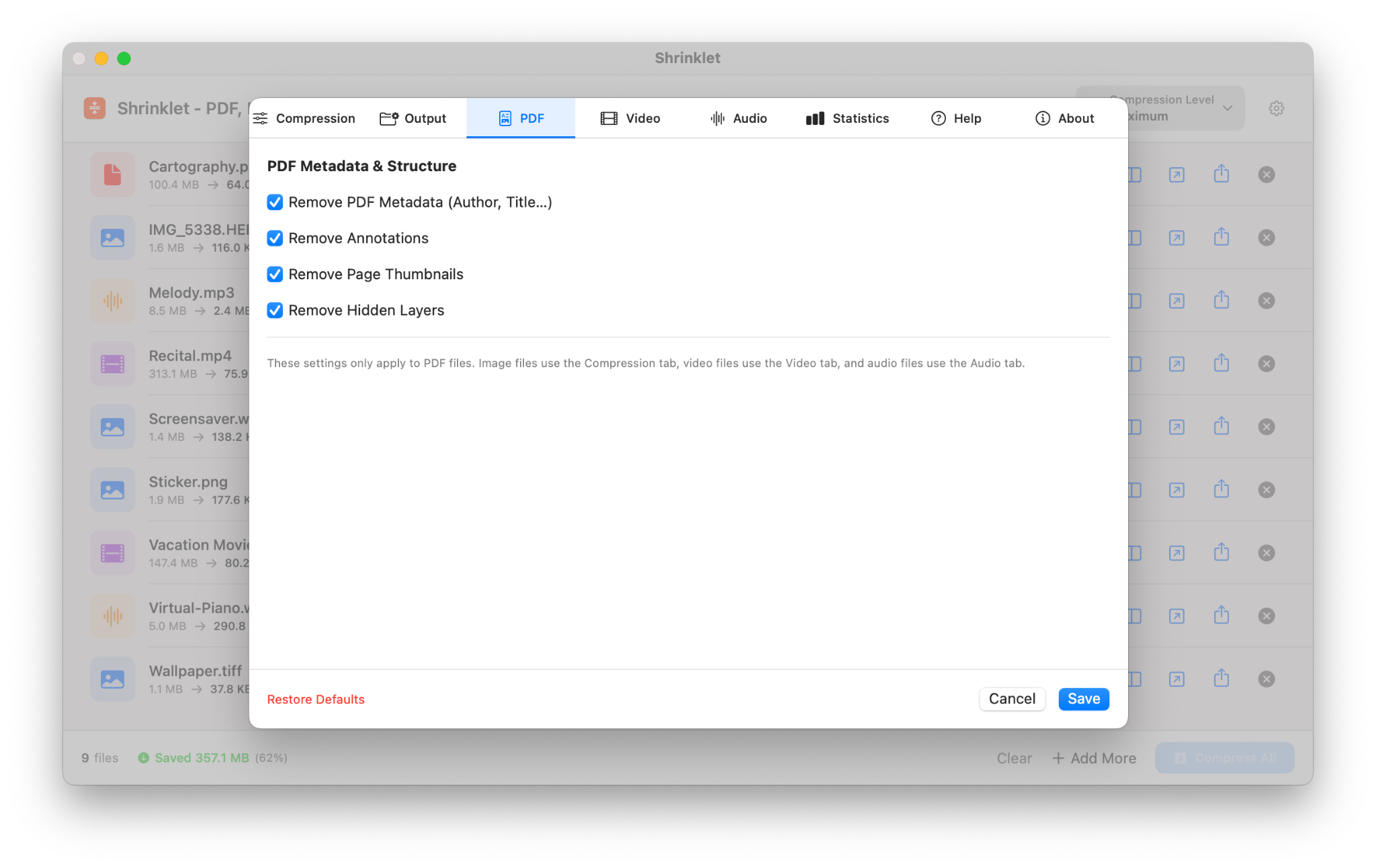 PDF settings