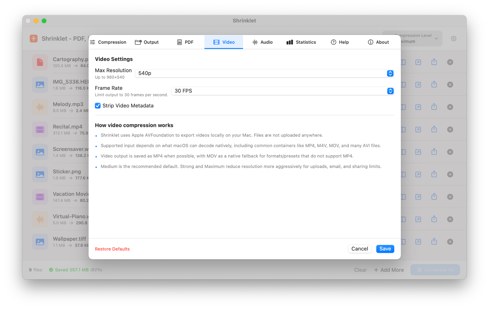 Shrinklet video settings with max resolution frame rate and metadata options