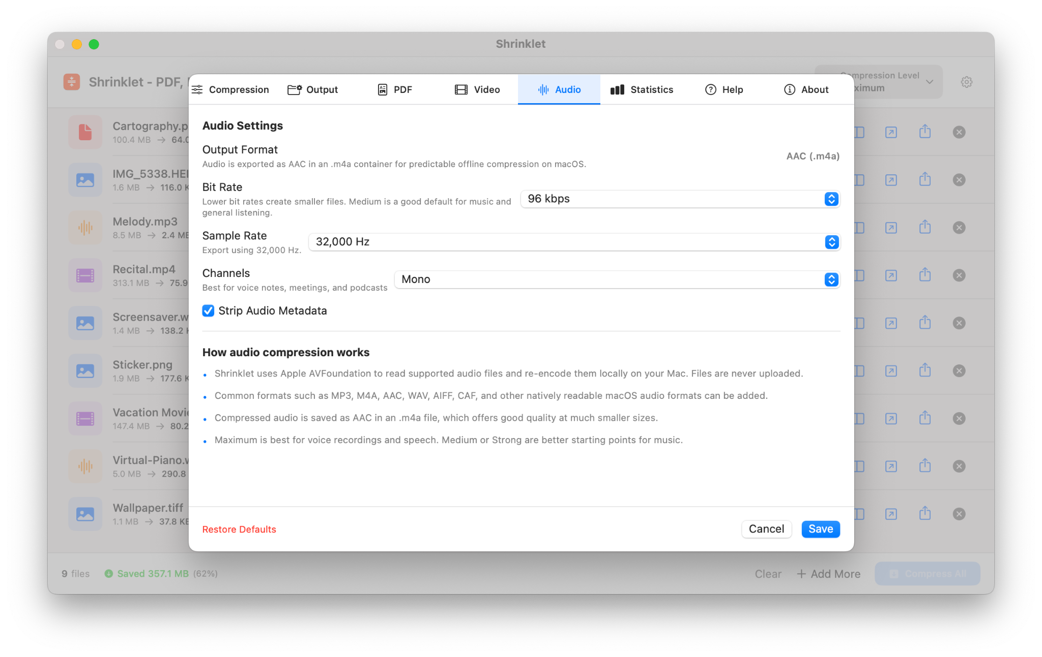 Shrinklet audio settings with bitrate sample rate channels and metadata options