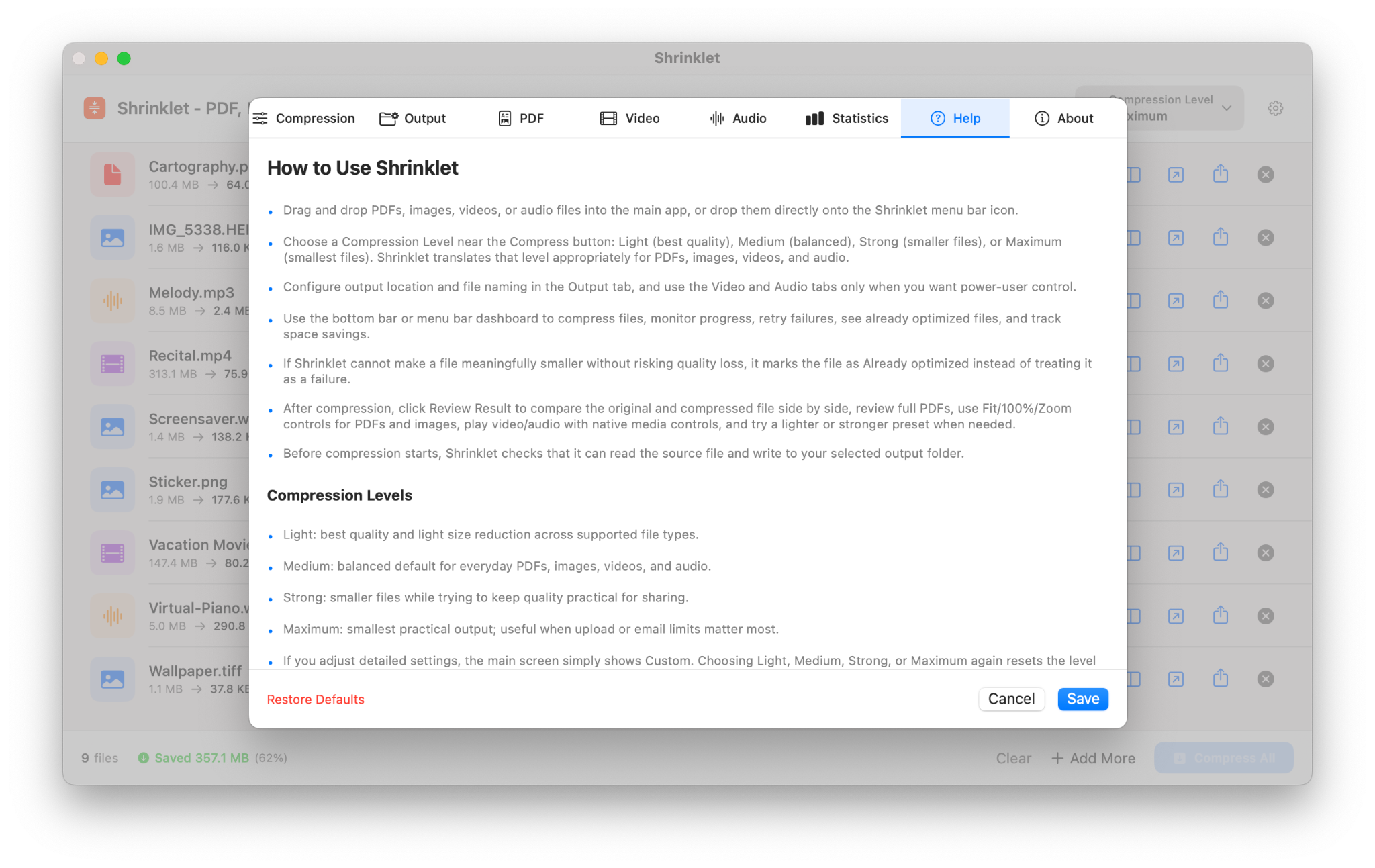 Shrinklet help page explaining compression levels and workflow