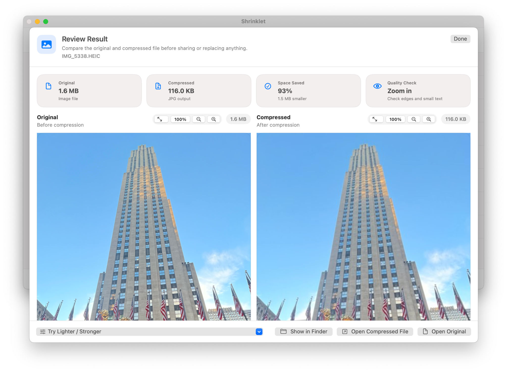 Shrinklet image review result comparing original and compressed image
