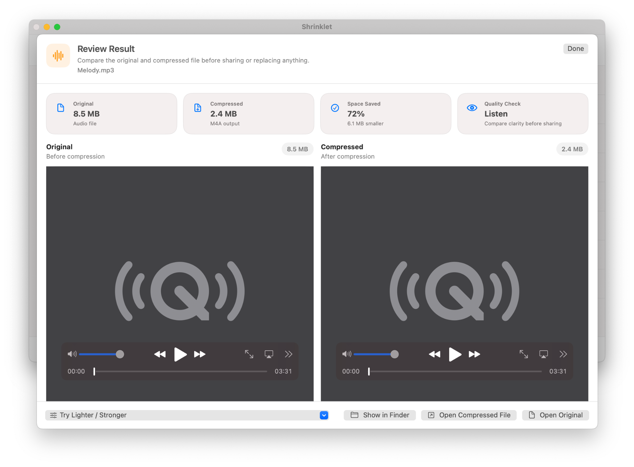 Shrinklet audio review result with original and compressed players