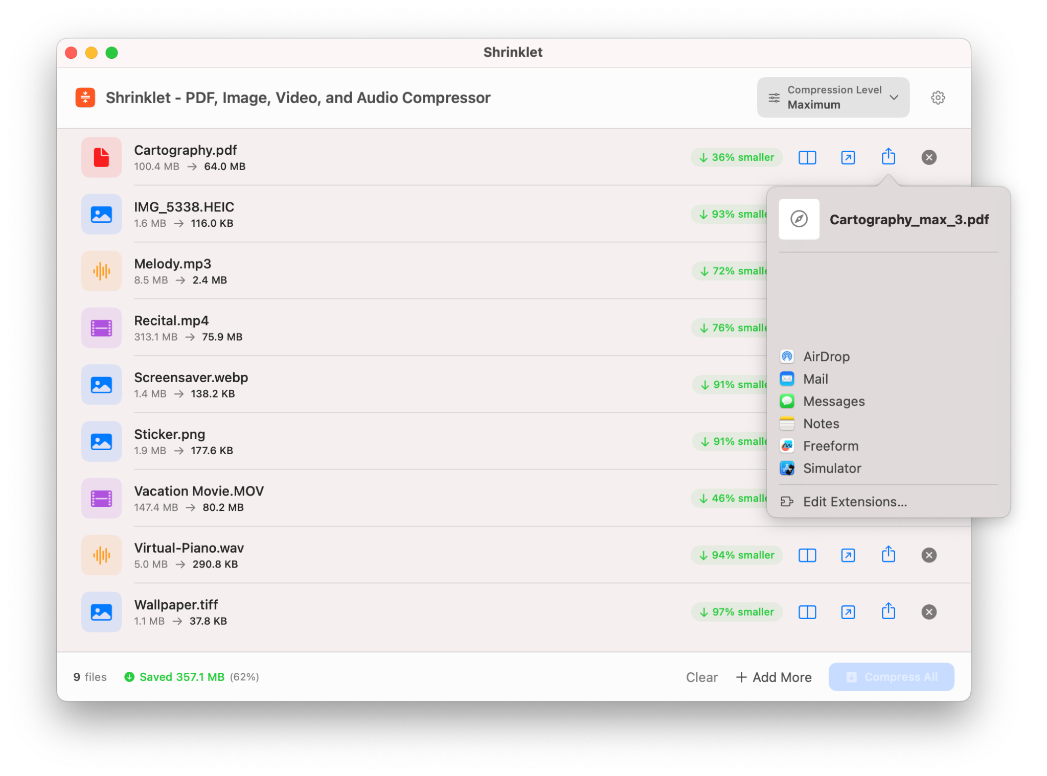 Shrinklet share sheet opened for a compressed file
